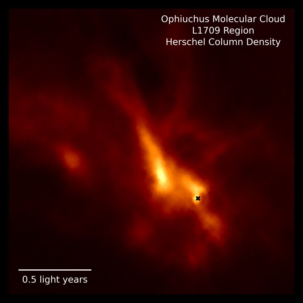 The dense L1709 region of the Ophiuchus Molecular Cloud mapped by the Herschel Space Telescope, which surrounds and feeds material to the much smaller IRS 63 protostar and planet-forming disk (location marked by the black x).
Credit: MPE/D. Segura-Cox Data credit: ESA/Herschel/SPIRE/PACS/D. Arzoumanian