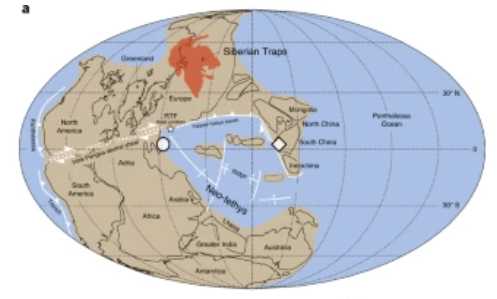 The researchers studied brachiopod shells from Italy and China. The Siberian Traps, the source of the CO2, is shown in red on the map. Image Credit: Jurikova et al., 2020.