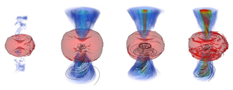 The research team ran four different simulations in their work, each one with slightly different variables. In three of them especially, the magnetar created an hourglass shape. Heavy elements like strontium and gold are created inside the hourglass. Gamma radiation travels away from the magnetar along the magnetic field lines, which are twisted into a toroidal shape. Image Credit: Mösta et al., 2020.