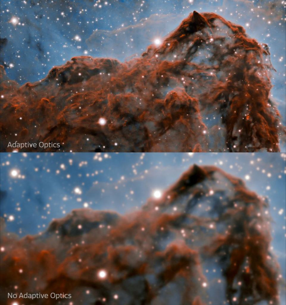 This image shows a comparison of the new image (top) of the western wall of the Carina Nebula taken by the international Gemini Observatory, a Program of NSF’s NOIRLab, and an image of the same region without Adaptive Optics (bottom). Top image credit: Gemini South Telescope. Bottom image: Inter-American Observatory. 