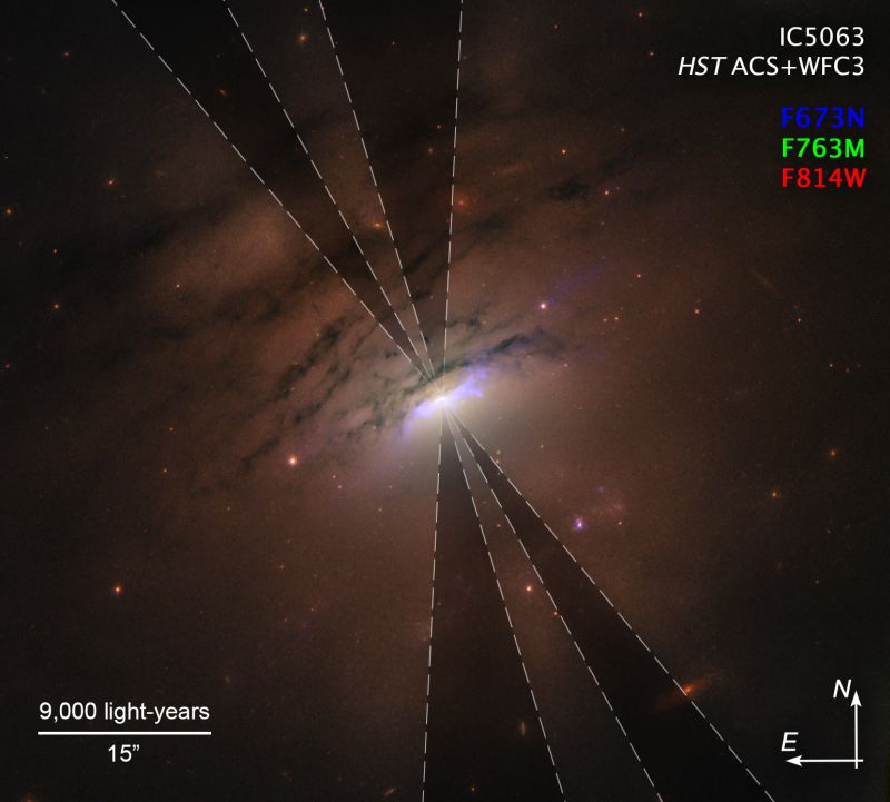 This Hubble Space Telescope image of the heart of nearby active galaxy IC 5063 reveals a mixture of bright rays and dark shadows coming from the blazing core, home of a supermassive black hole. Astronomers suggest that a ring of dusty material surrounding the black hole may be casting its shadow into space. The observations were taken on March 7 and Nov. 25, 2019 by Hubble's Wide Field Camera 3 and Advanced Camera for Surveys.
CREDITS: NASA, ESA, STScI and W.P. Maksym (CfA)