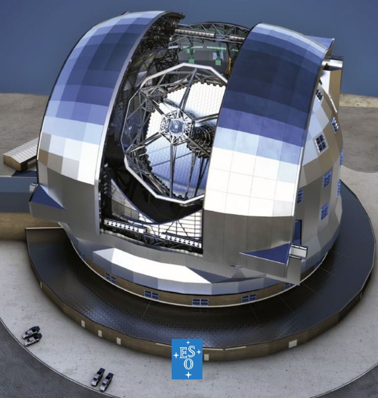 The EELT should see first light in 2024. This illustration shows the scale of the telescope, and also shows its segmented primary mirror, which is 39.3-metres in diameter (130-foot). Image Credit: ESO