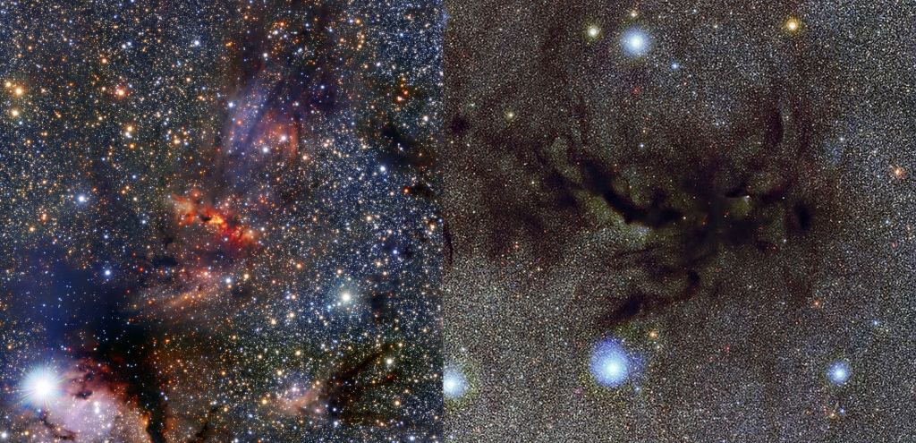 On the left is a picture of the Milky Way, with an orange clump of gas and stars in the center, the Pipe Molecular Cloud. On the right is a close up of part of that region, called Barnard 59. The young star in this study, BHB1, is inside Barnard 59. Image Credit: Left: ESO/VVV Team/A. Guzmán. Right: By European Southern Observatory - http://www.eso.org/public/images/eso1233a/; see also https://www.flickr.com/photos/esoastronomy/7787363490/, CC BY 4.0, https://commons.wikimedia.org/w/index.php?curid=30171793