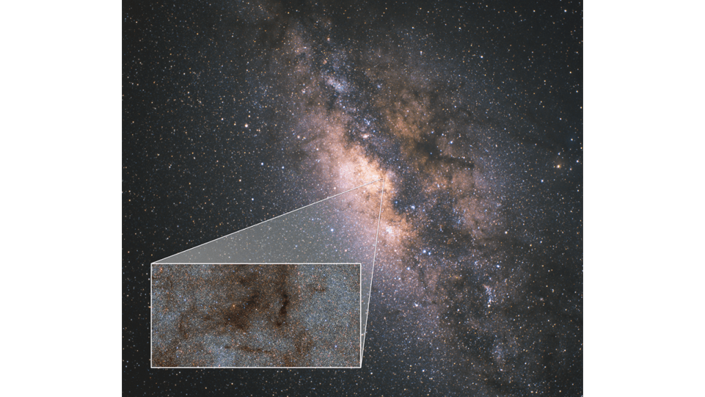 This image shows a wide-field view of the center of the Milky Way with a pull-out image taken by the Dark Energy Camera (DECam) at the Cerro-Tololo Inter-American Observatory in Chile. While the Milky Way photo spans 71 degrees of the sky, the DECam image covers 0.5 by 0.25 degrees (an area about twice as wide as the full Moon).

CREDITS:
Milky Way photo: Akira Fujii; Inset photo: CTIO/NOIRLab/NSF/AURA/STScI, W. Clarkson (UM-Dearborn), C. Johnson (STScI), and M. Rich (UCLA)