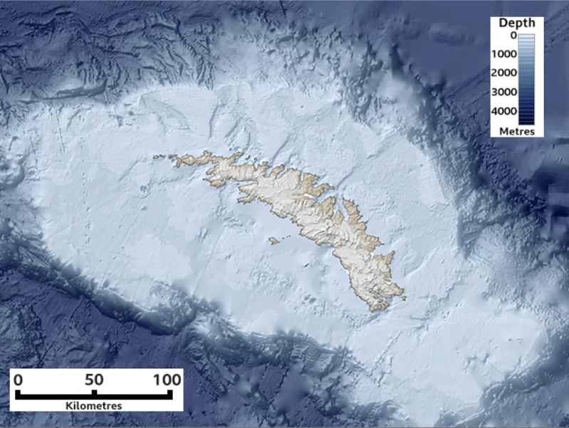The seas around South Georgia are shallow; about 200 ft. in some areas. Image Credit: PT Fretwell et al,. Antarctic Science 2009, BBC.