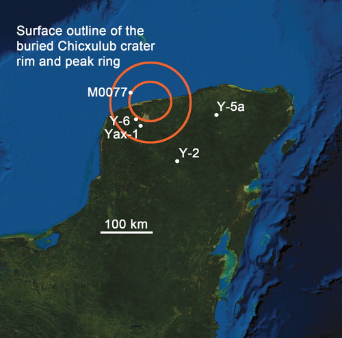 This image shows the Chicxulub crater rim and the peak ring. It also shows sites of boreholes. Y-6 and Yax-1, for example, are well outside of the peak ring. At 10 km and 25 km respectively outside of the peak ring, they provided evidence that the subterranean hydrothermal system was extensive. Image Credit:   NASA image produced by MODIS satellite observations in October 2004. Image Credit: Kring et al, 2020. 