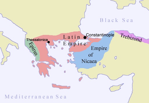 The Latin Empire, Empire of Nicaea, Empire of Trebizond, and the Despotate of Epirus. The borders are very uncertain. Image Credit: By Jniemenmaa - Own work, CC BY-SA 3.0, https://commons.wikimedia.org/w/index.php?curid=57493