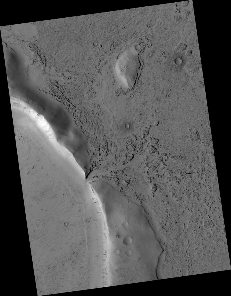 Another view of the crater and the lava breach. Image Credit: NASA/JPL/UofA