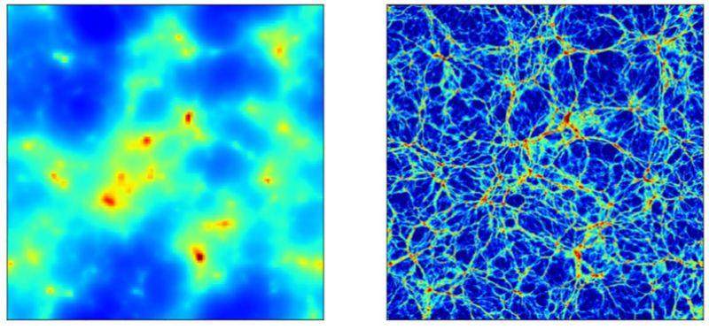 Computer simuations show how neutrinos can form cosmic clumpiness. Credit: Yoshikawa, Kohji, et al