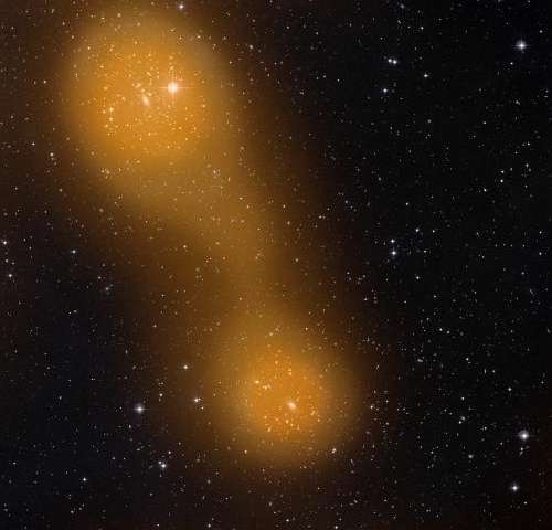Depiction of a few galaxies in the Abell galaxy cluster being surrounded by a thing gas cloud.