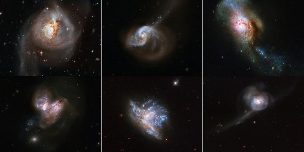 This image is a collage of six galaxy mergers captured by the Hubble Space Telescope. Top Row Left to Right: NGC 3256, 1614, 4195 Bottom Row Left To Right: NGC 3690, 6052, 34 --Credit ESA / Hubble / NASA