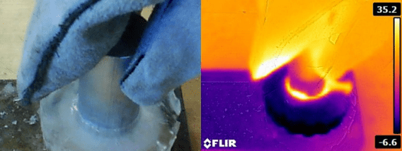 Left: A heated rod being used to melt a hole in the ice blank.
Right: A heat map (in ?C) of the heated rod and ice blank. Image Credit: Carroll and Yim, 2020.