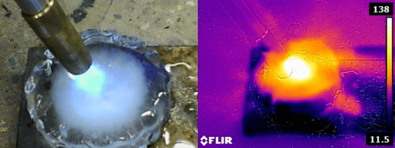 The researchers tested an open flame as a method to melt holes in the ice for the robot's actuator to be put into. Left: A butane torch is used to melt a hole in the ice blank.
Right: A heat map (in ?C) of the butane torch and ice blank.Image Credit: Carroll and Yim, 2020.
