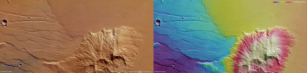 Lava flow features of different ages in the Daedalia Planum region on Mars. The image on the right is topographical. The blue-colored field on the left is much older than the one on the right. The older one on the left is much smoother, while the younger pink one on the right is much rougher. A flying drone would allow exploration of rough surfaces like this lava field. Image Credit: ESA/DLR/FU Berlin, CC BY-SA 3.0 IGO