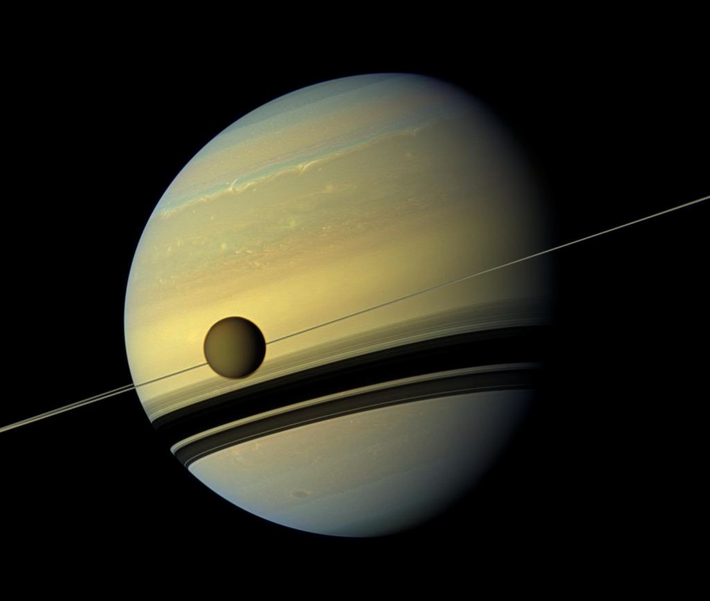 Cassini picture of Titan and Saturn aligned together.