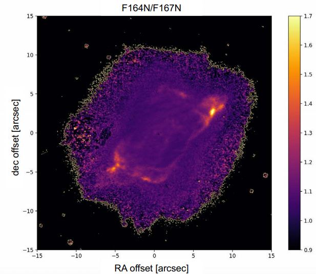 This is a screenshot from one of the slides shown in the presentation. It shows emission lines of Iron II in NGC 72027. Moraga says that it shows where shocks are occurring. Those shocks indicate collisions that create the different ionization states. Those shocks help create the planetary nebula's shape. Image Credit: Moraga, Kastner et al, 2021.