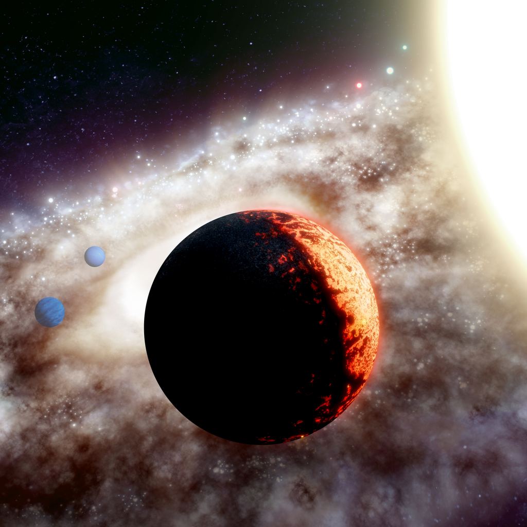 Artist's rendition of TOI-561, one of the oldest, most metal-poor planetary systems discovered yet in the Milky Way galaxy. This 10 billion-year-old system has a hot, rocky exoplanet (center) that's one and a half times the size of Earth as well as two gas planets (to the left of the rocky planet) that are about twice as large as Earth. Credit: W. M. Keck Observatory/Adam Makarenko