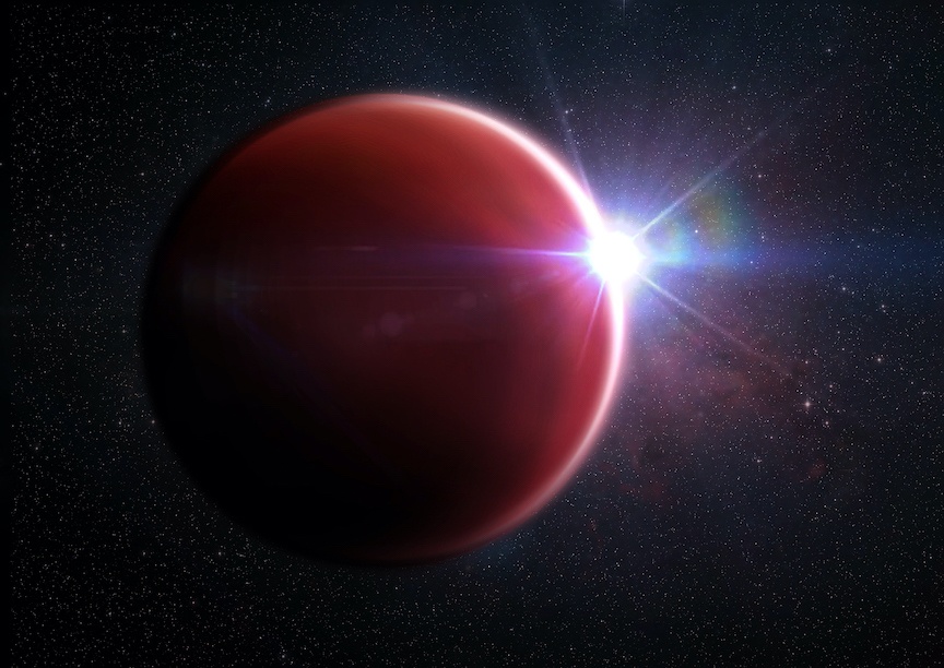 An artist's depiction of the hot Jupiter WASP-62b from the perspective of an observer nearby to the planet.  WASP-62b has a cloudless atmosphere, making it a prime target for observations with the JWST.  Image Credit: M. Weiss/Harvard & Smithsonian Center for Astrophysics.