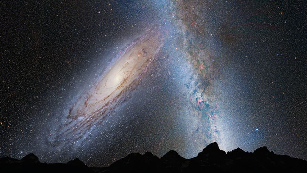 In questa immagine, che rappresenta il cielo notturno della Terra in 3,75 miliardi di anni, Andromeda (a sinistra) riempie il campo visivo e inizia a distorcere la Via Lattea con l'attrazione delle maree.