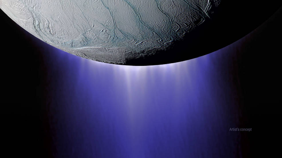 A false-colour artist's illustration of the cryovolcanic plumes erupting from Enceladus. Image Credit: NASA/ESA