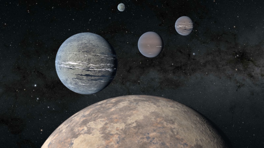 An artist’s rendering of five planets orbiting TOI-1233, four of which were discovered using the Transiting Exoplanet Satellite Survey (TESS). Credit: NASA/JPL-Caltech 