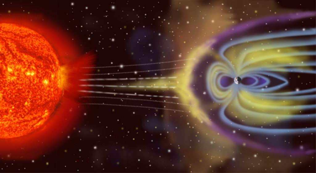 Earth's magnetosphere isn't a sphere at all. The solar wind deforms it into an asymmetrical shape. Image Credit: NASA
