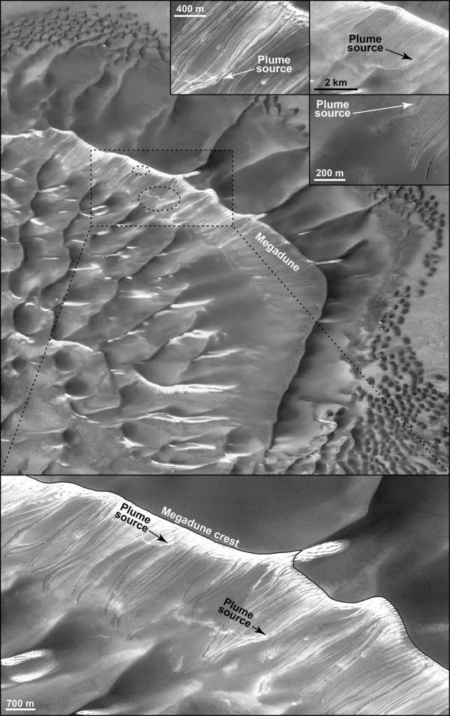 Image from the study showing dust plumes caused by moving ice fragments