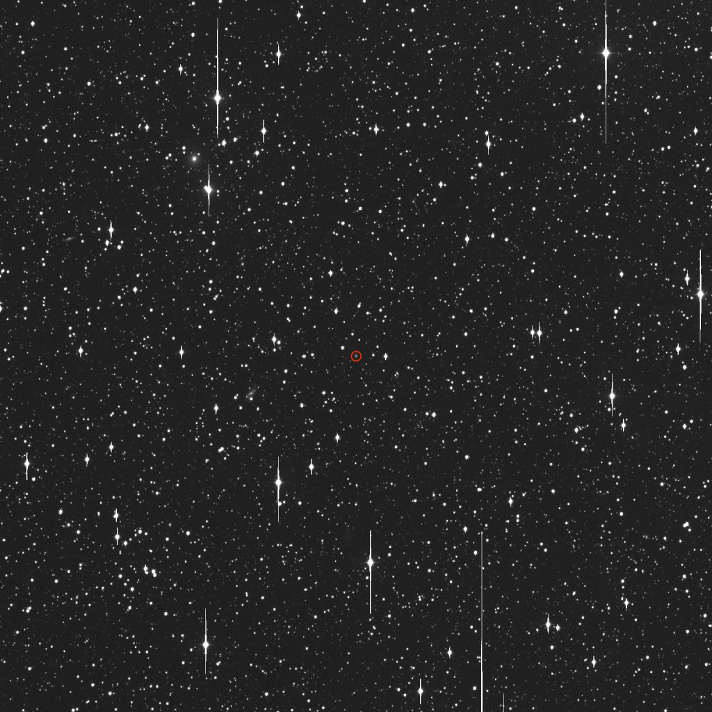 Image of AT2019dsg, circled in red.  Unable to be seen with the naked eye, this galaxy 690 million light years away was likely the source of a neutrino from a tidal disruption event happening in it.