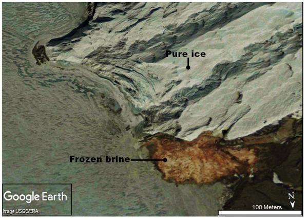 Google Earth image of part of the Taylor Glacier in East Antarctica.  The erosion process on this part of Earth is similar to the one seen at the polar ice caps on Mars.