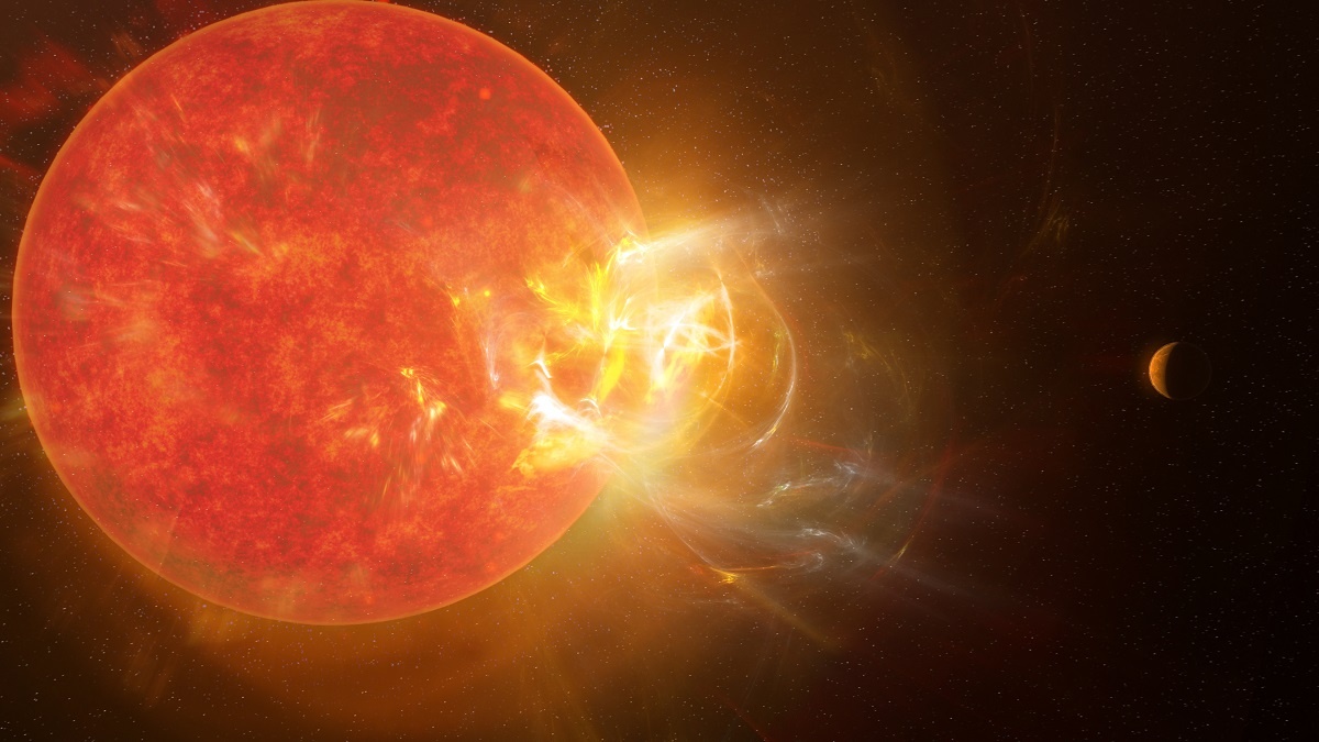 An artist's conception of a violent flare erupting from the red dwarf star Proxima Centauri. Such flares can obliterate atmospheres of nearby planets. Credit: NRAO/S. Dagnello.