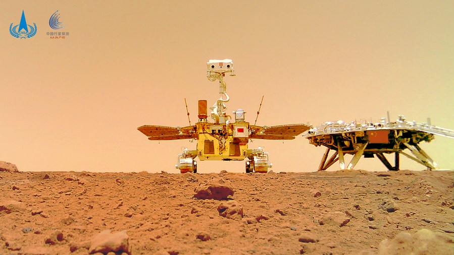 A wireless camera took this 'group photo' of China's Tianwen-1 lander and rover on Mars' surface. China is only the third nation to execute a soft landing on Mars, after the USA and the USSR. The USSR's space ambitions are in disarray, so they likely aren't returning any time soon. But if China completes a Mars sample return mission before the US and the ESA, how will it change the space exploration landscape? Credit: Chinese Space Agency