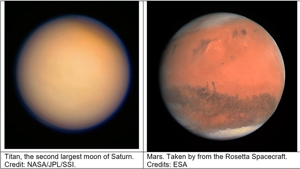Images of Titan and Mars showing differences in their atmosphere.