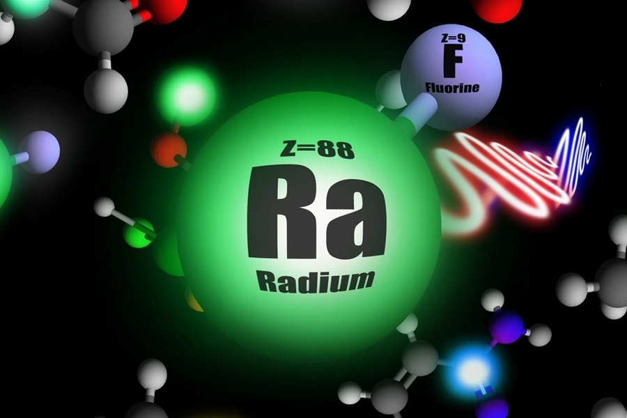 Artist depiction of a radium monofluoride molecule.