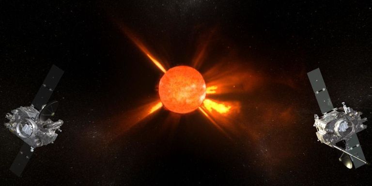 Twin STEREO spacecraft monitoring the Sun for solar storms in this artists' impression.