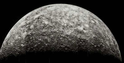 Mercury, the focus of Mariner 10's mission that Colombo helped plan, seen from the spacecraft