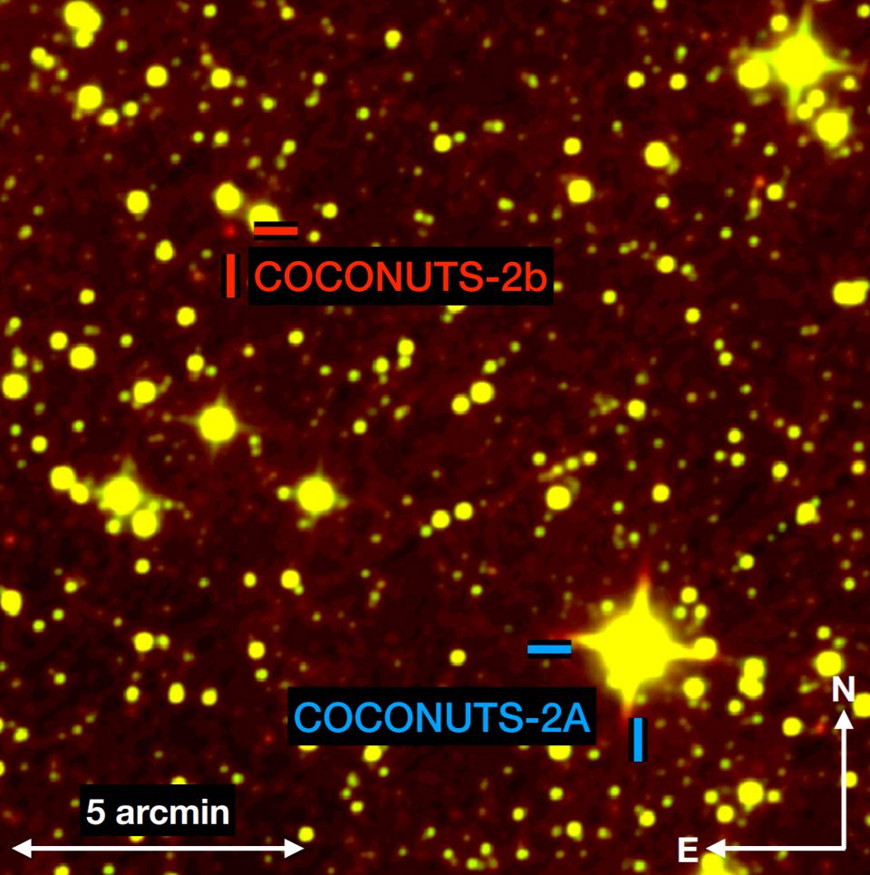 Star field from the WISE survey showing the two planets of the Coconuts 2 system around its host star.