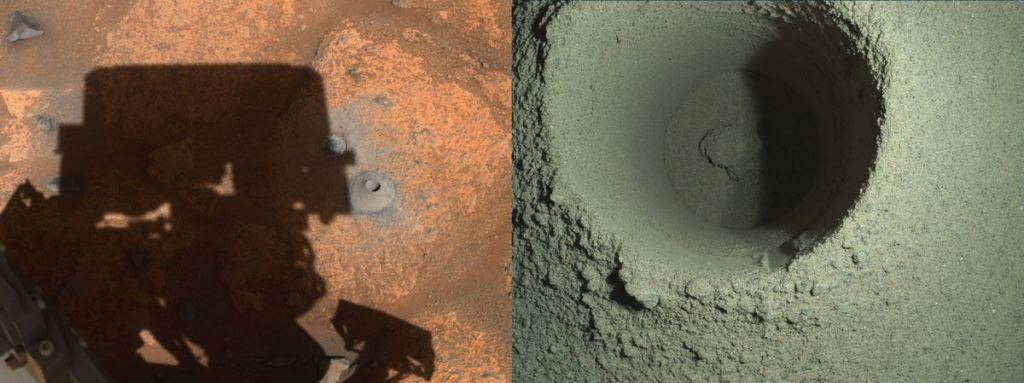 This image shows the drill hole from Perseverance's first sample-collection attempt. Perseverance can only obtain samples from a few centimetres deep. Image Credits NASA/JPL-Caltech/MSSS