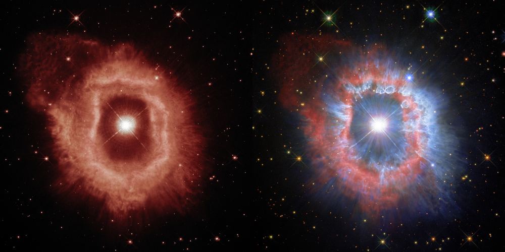 Two Hubble views of the luminous blue variable AG Carinae. The images show dust bubbles and a gas shell made up of material periodically ejected from the star. Image Credit: ESA/Hubble and NASA, A. Nota, C. Britt