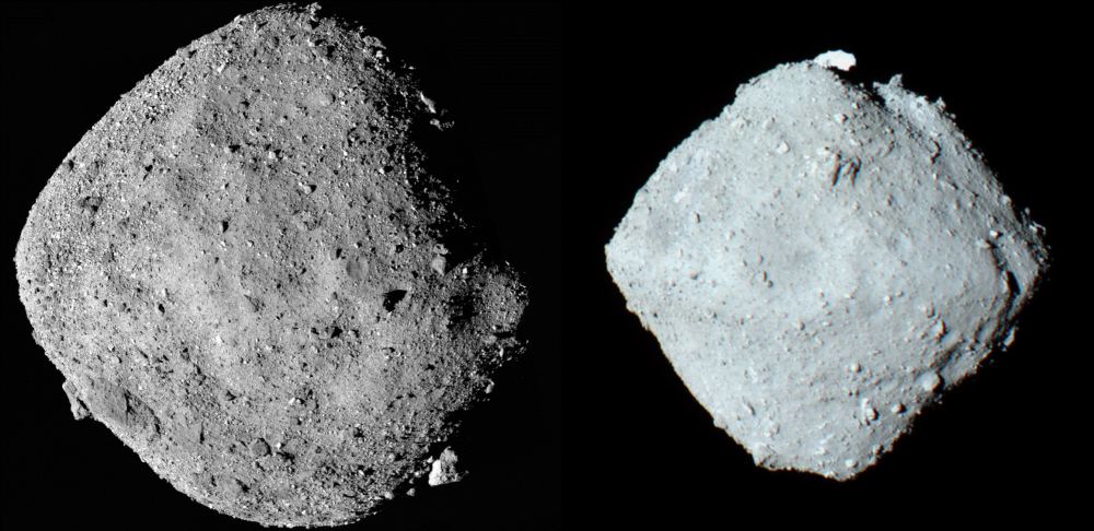 The near-Earth asteroids Bennu (l) and Ryugu (r). Both are rubble-pile asteroids and both are diamond-shaped. Image Credit Left: NASA/Goddard/University of Arizona - Public Domain. Image Credit Right: By ISAS/JAXA, CC BY 4.0