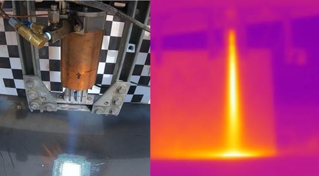 Example of the effects of an alumina plate, similar to what would be deposited on the moon's surface in a fully scaled up system. An infrared image of the rocket exhaust can be seen to the right.