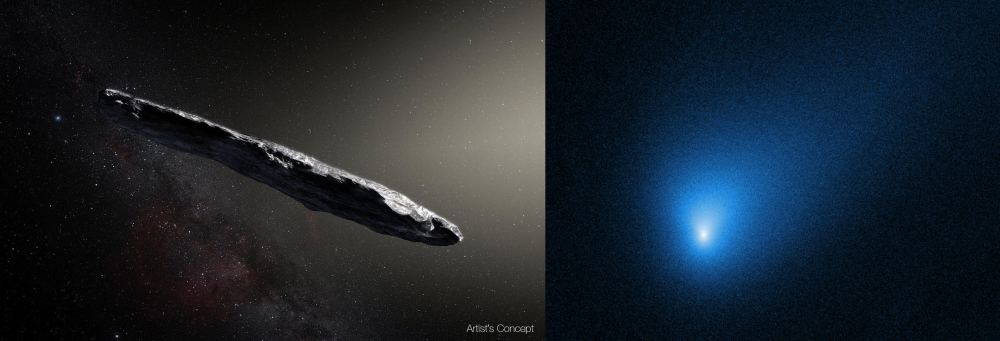 On the left is an artist's illustration of the interstellar object 'Oumuamua. On the right is an image of interstellar comet 2I/Borisov. Image Credit Left: European Southern Observatory / M. Kornmesser. Image Credit Right: By NASA, ESA, and D. Jewitt (UCLA) - Public Domain