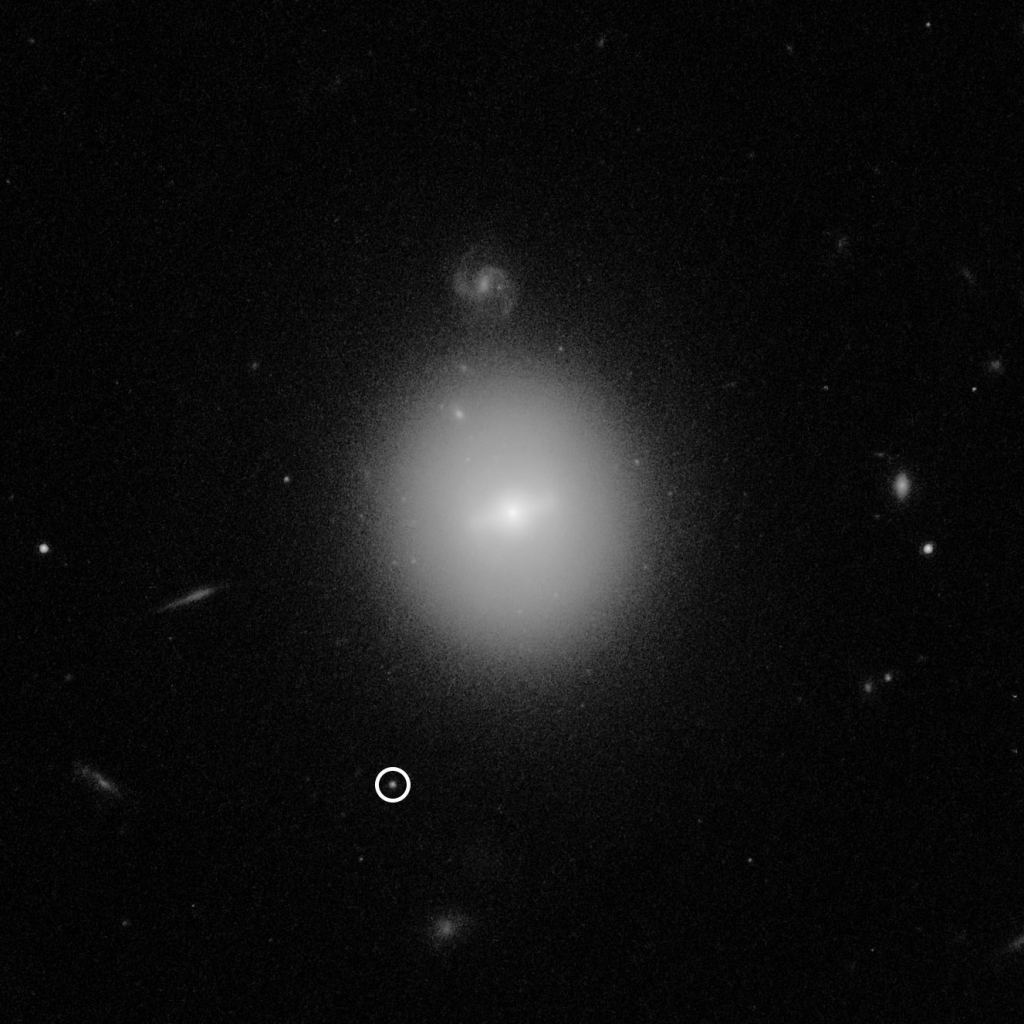 This is a Hubble image of J2150 in the white circle. It's situated inside a dense cluster of stars about 740 million light-years away. X-ray emissions from the TDE were used to spot the IMBH, but Hubble's visible-light capabilities were needed to pinpoint its location. Image Credit: NASA, ESA, and D. Lin (University of New Hampshire)