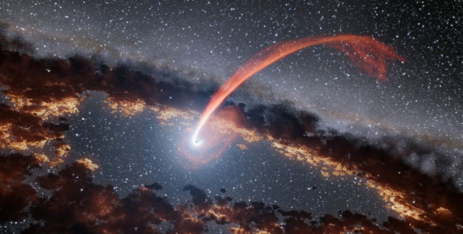 Cette illustration montre un flux de matière rougeoyante provenant d'une étoile, déchirée en lambeaux alors qu'elle était dévorée par un trou noir supermassif.  NASA/JPL-Caltech