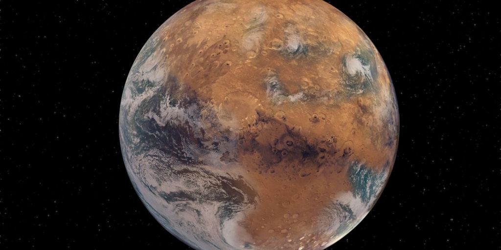 An artist's rendition of a Mars with Earth-like surface water. Martian surface water may not have lasted long because the mantle contained too much iron. Image source: NASA Earth Observatory/Joshua Stevens; NOAA National Environmental Satellite, Data, and Information Service; NASA/JPL-Caltech/USGS; Graphic design by Sean Garcia/Washington University)