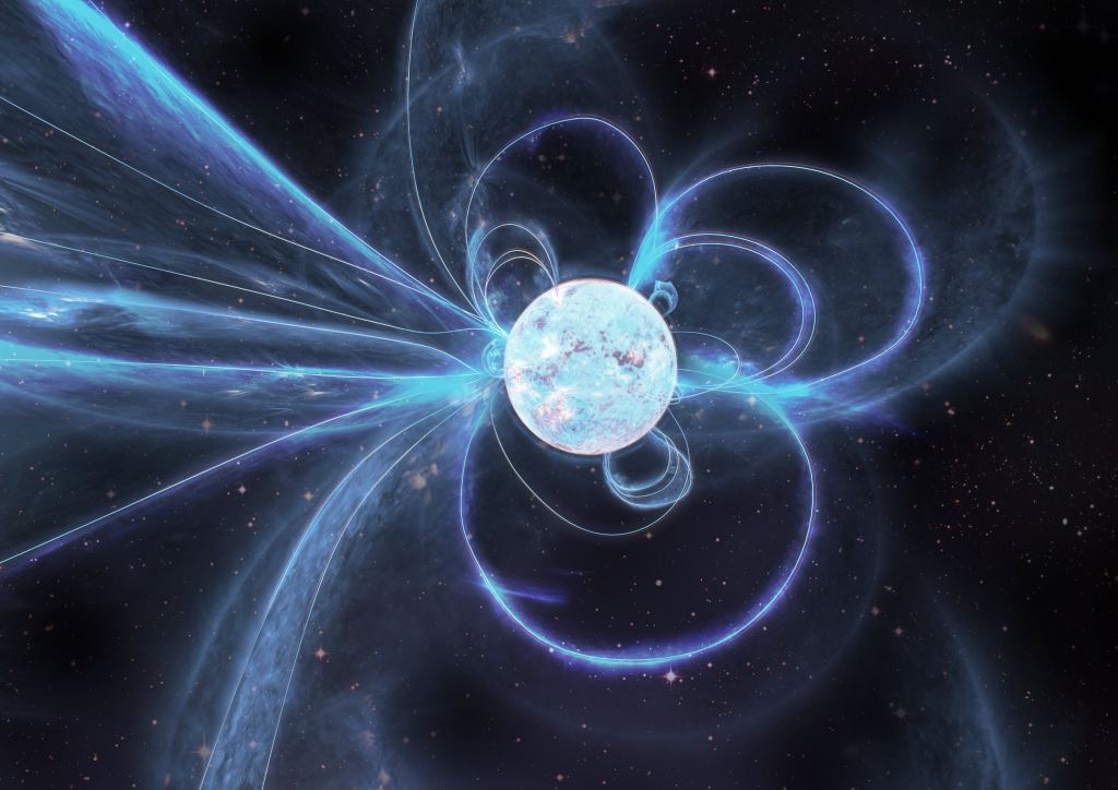 An artist view of a highly magnetized neutron star. Planets too close to a magnetar would face a magnetic field one trillion times stronger than Earth's. Magnetars emit extremely powerful xrays and gamma rays which would render life impossible in their vicinity. Credit: Carl Knox/ OzGrav