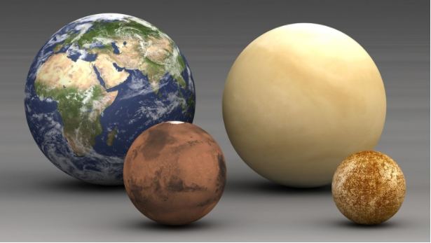 Earth, Venus, Mars, and Mercury. According to 'late stage accretion' theory, Mars and Mercury (front left and right) are what's left of an original population of colliding embryos, and Venus and Earth grew in a series of giant impacts. New research focuses on the preponderance of hit-and-run collisions in giant impacts, and shows that proto-Earth would have served as a 'vanguard', slowing down planet-sized bodies in hit-and-runs. But it is proto-Venus, more often than not, that ultimately accretes them, meaning it was easier for Venus to acquire bodies from the outer solar system. Image Credit: Lsmpascal - Wikimedia Commons