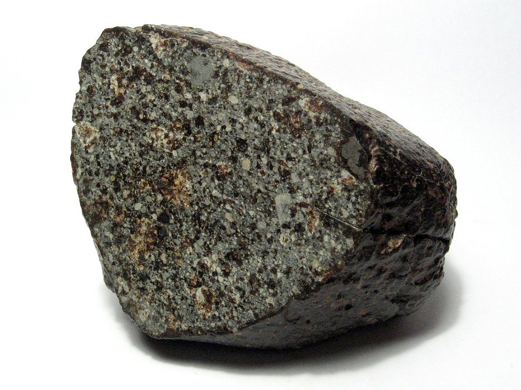 This is an image of a chondrite named NWA 869 (Northwest Africa 869) found in the Sahara Desert in the year 2000. There are both metal grains and chondrules visible in the cut face. Image Credit: By H. Raab (User: Vesta) - Own work, CC BY-SA 3.0, https://commons.wikimedia.org/w/index.php?curid=226918