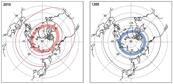 Reconstructed auroral zone in 2010 AD (left) and 1200 AD (right). Image Credit: Kataoka and Nakano 2021.