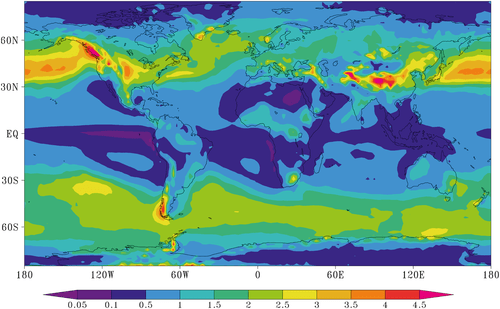 This figure from the study shows the deposition of meteor-ablated phosphorus over the Earth. Note the larger amounts (red) over the northern Rocky Mountains, the southern Andes, and the Himalayas. Image Credit: Plane et al 2021. 