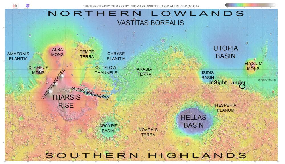 InSight Lander is located on the Elysium Planitia, on the border between the young Northern Lowlands and the old Southern Highlands. Image credit: MOLA Map: NASA / JPL / GSFC. Map by Emily Camel Straw.